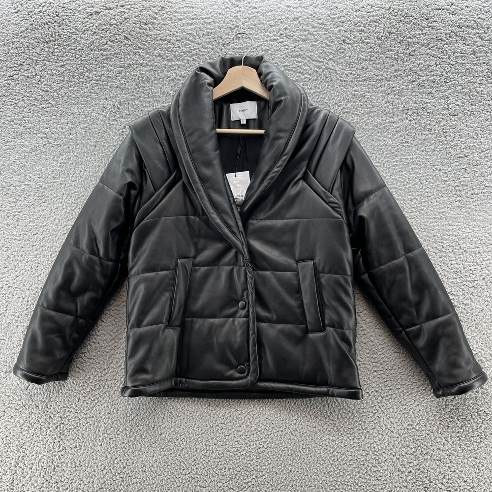SUNCOO Paris Coat Womens‎ Small Black Faux Leather Erin Short Modern Puffer